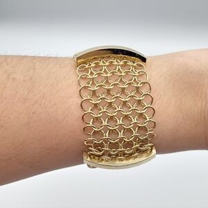 Gold Tone Wide Chain Mesh Bracelet Statement Adjustable Vintage Style